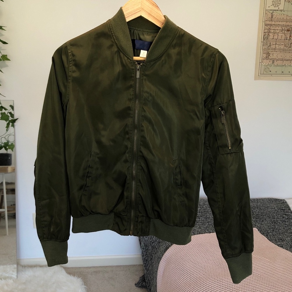 Army green bomber jacket with gold zippers
